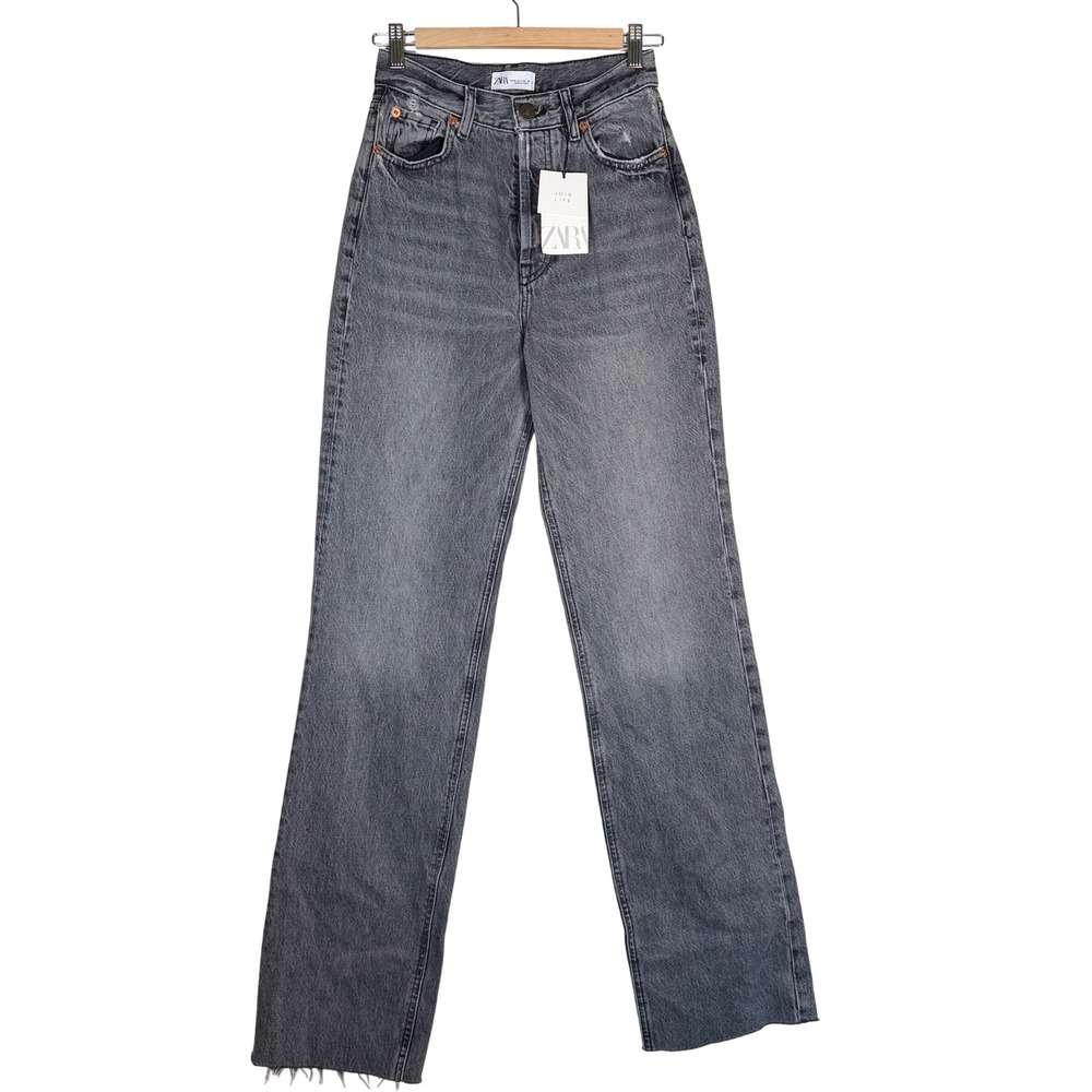 Zara High Rise Straight Leg Jeans Gray Faded Raw Hem Button Fly 6688/247/802 NEW